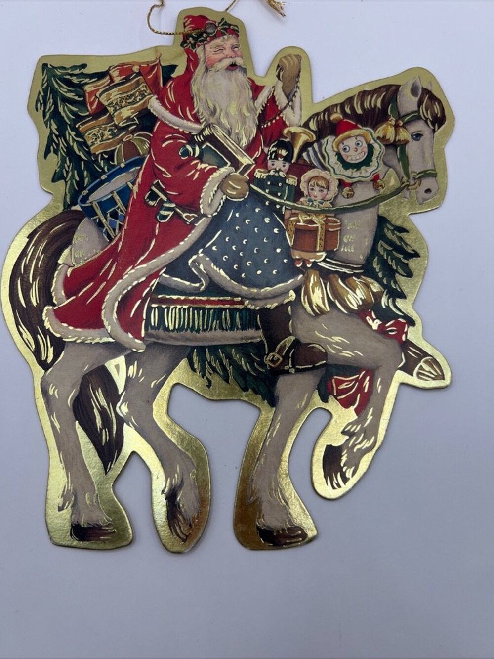 Vtg Christmas Gold Foil Diecut Santa Claus Ornament Riding Horse Gifts Gilded 9”